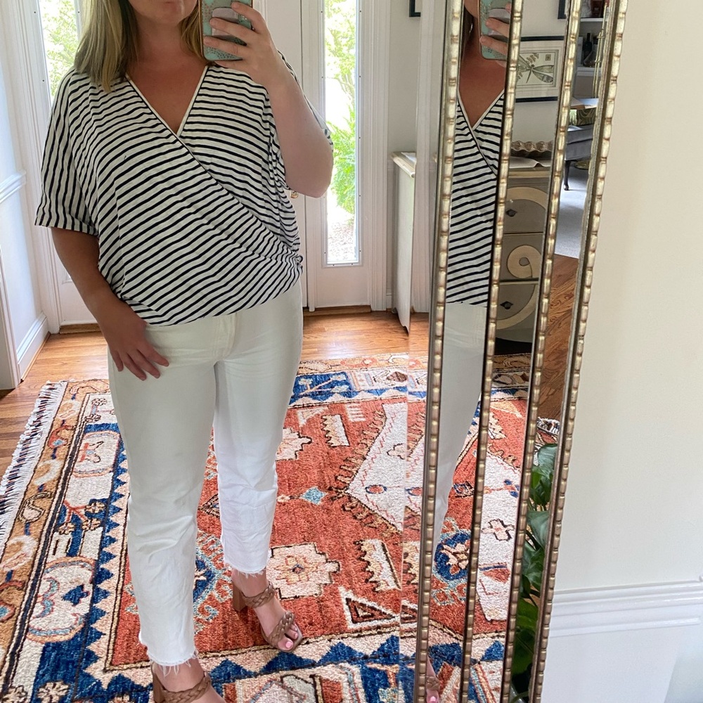 Eri + Ali Navy and White Striped Cross Over Tee